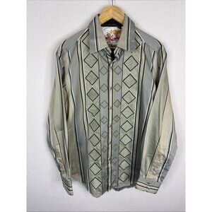 Robert Graham Geometric Button-Up Shirt Men L Green Gray Silk Trim Embroidered